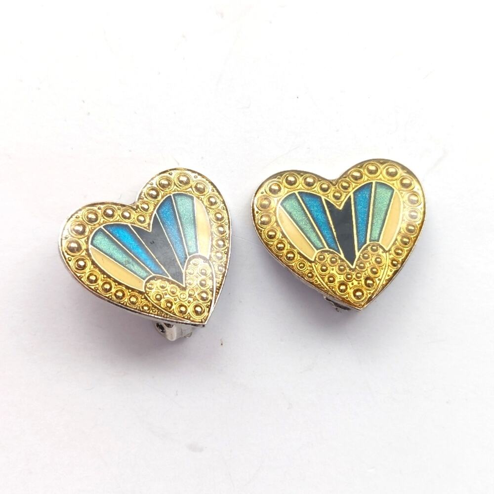 Vintage Estate Heart Steampunk Blue Gold Silver Art Deco Clip On Earrings
